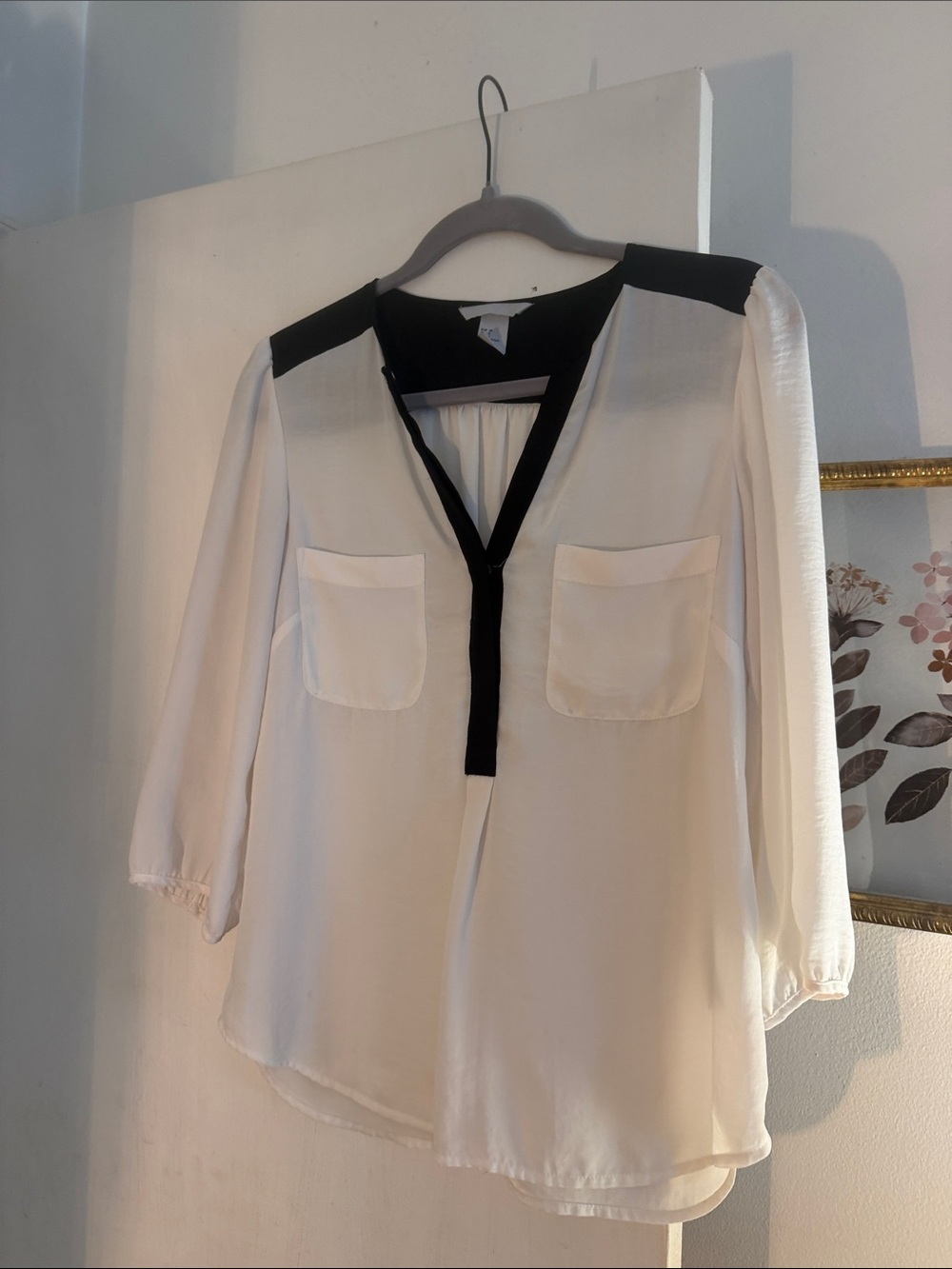 Womens White Blouse with Black Trim - Classic Contrast Tunic